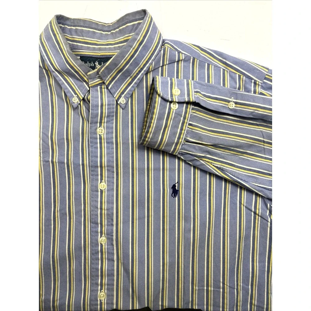 Polo Ralph Lauren Shirt Men 17 1/2 34/35‎ Blue Yellow Striped Button Down Preppy